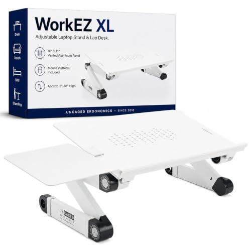 Uncaged Ergonomics XL Adjustable Laptop Stand with wide aluminium panel — the vented surface the whole cooling claim rests on