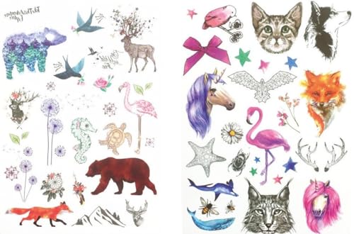 TH020 023 Lot de 2 feuilles de tatouages temporaires motif ours, renard, hippocampe, tortue, cerf, pissenlit