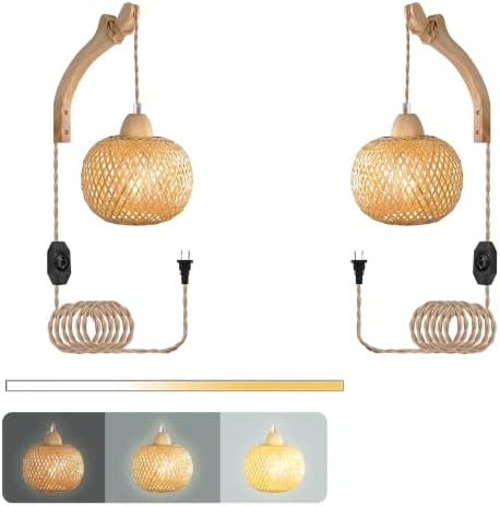 Takor 2 Sets Bamboo Wall Sconces,Boho Lamp with Plug in Cord,Rattan Lighting with Wood Holder and Dimmable Switch,Wicker Hanging Lamp for Living Room Bedroom,No Wiring Required(Bulbs Included)