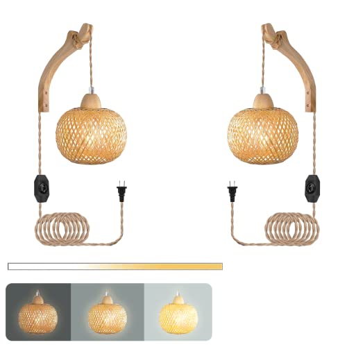 Takor 2 Sets Bamboo Wall Sconces,Boho Lamp With Plug In Cord,Rattan Lighting With Wood Holder And Dimmable Switch,Wicker Hanging Lamp For Living Room Bedroom,No Wiring Required(Bulbs Included) #TOP25