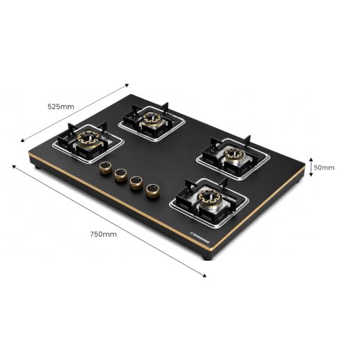 Image of Sunshine Shine Gold 4 Burner Gas Stove | Premium Glass Hob Top Cooktop | Auto Ignition | 10D Brass Burners | LPG & PNG Compatible | Golden Finish | 10 Year Glass & Burner Warranty | Black