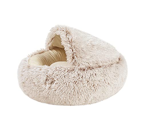 Fluffy Cat Dog Bed Soft Warm Sofa Cuddly Cave Cat Sleeping Bag Plush Cat Bed, Round Hooded Cat Bed Tent Igloo Sleeping Bed for Big Dog Cat Puppy Rabbit,50CM,Brown