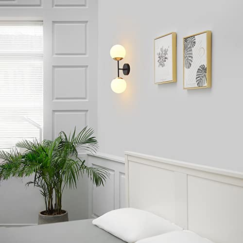 Image of Globe Electric 52079 2-Light Wall Sconce, Matte Black, Antique Brass Accent Socket, Matte Opal Glass Shades, Modern Light for Living Room or Bedroom, Dimmer Switch Compatible, E26 Base