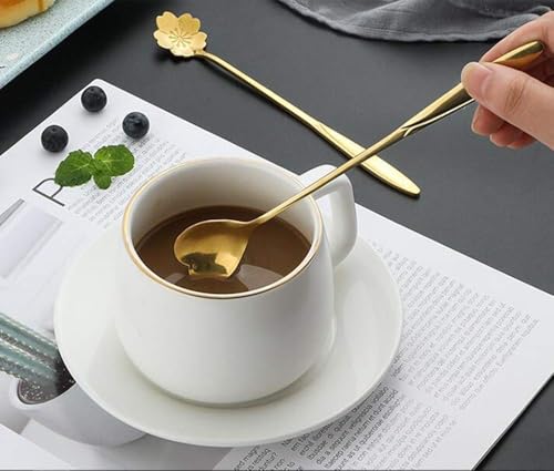 Image of Premium Gold Plated Stainless Steel Spoon Set with Floral Design Long Handle Coffee Tea Dessert Spoon Elegant Stirring Spoon for Kitchen