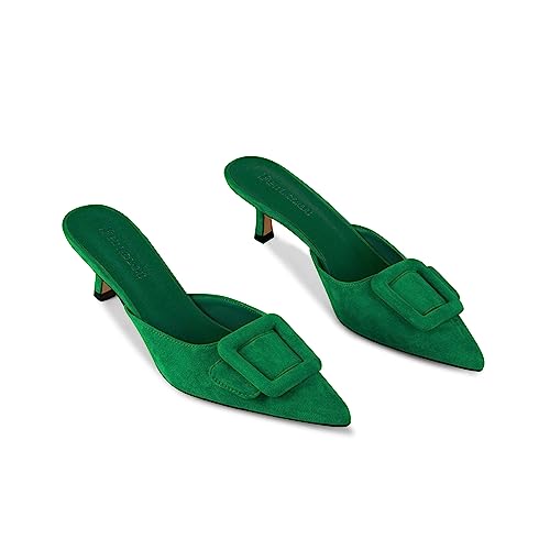 Image of Fericzot Mule Slippers for Women,Slingback Buckle Pumps Pointed Toe Kitten Heels Shoes Slides Backless Dress Sandals