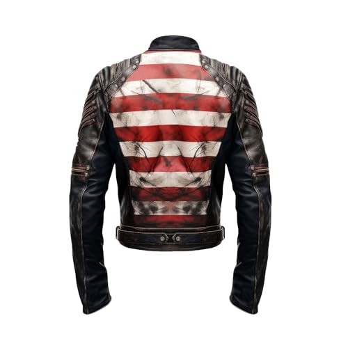 Image of The Next Mens Distressed Inspired by American Flag USA Casual Motorcycle Zipper Coat With USA Flag Genuine Leather Jackets