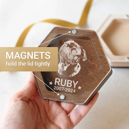 Image of Personalized Pet Hair Keepsake Box for Dog and Cat Fur - Engraved Wood Memorial Box - Unique Customized Gift for Loss of Furry Friend Wooden (Dark Diamand Clear Lid, With Photo)