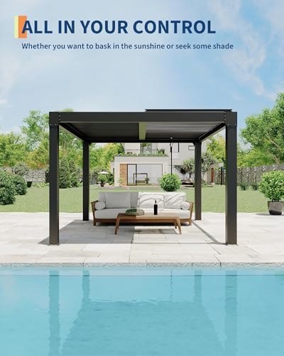 Image of 10X12 FT Louvered Pergola with Adjustable Roof, Integrated Drainage System, Easy Installation, Outdoor Pergola for Backyard, Garden, Poolside, Hardtop Gazebo