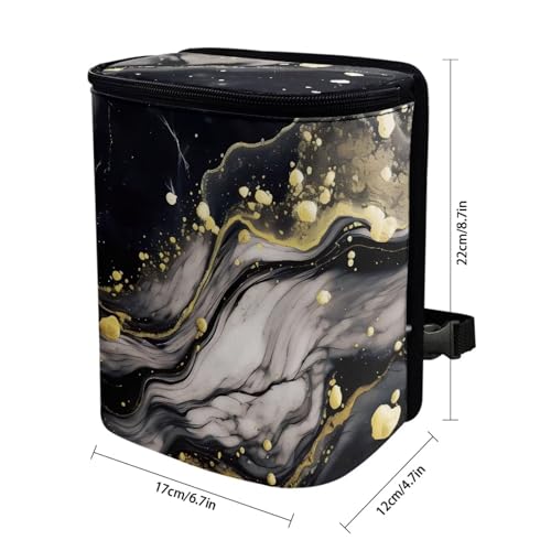 Image of Black Marble Car Trash Can with Lid,Leak-Proof Washable Auto Garbage Bag Interior Accessory Hanging Vehicle Trash Bin for Back Seat,Road Trip