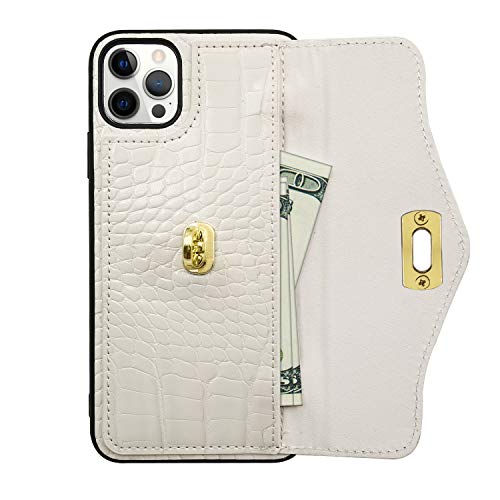 Luvi For Iphone 12/Iphone 12 Pro Case With Crossbody Neck Strap Lanyard Purse Handbag Shoulder Strap Cover Pu Leather Wallet Card Holder Luxury Fashion 3D Crocodile Snake Skin Case 6.1 Inch White #TOP2
