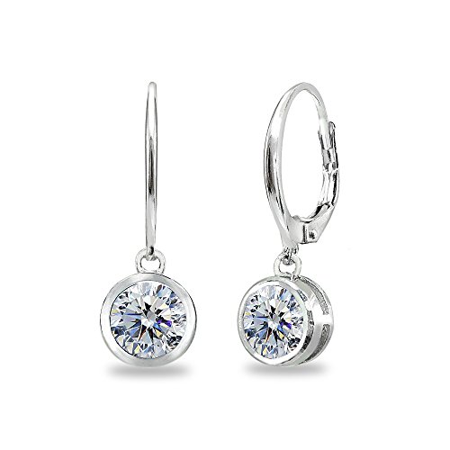 Sterling Silver Clear 6mm Round Bezel-Set Dangle Leverback Earrings Made with Swarovski Crystals