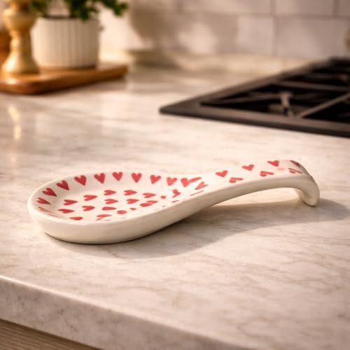 Image of Handcrafted Ceramic Spoon Rest, Kitchen Counter Spoon Holder for Cooking Utensils, Ladle & Spatula Rest, Heat Resistant Kitchen | Spoon Rest for Kitchen & Dining (Red Hearts)