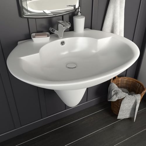 Qnhdfrt Lavabo de pared con columna de cerámica Diseño moderno para baño e invitados WC 690 x 520 x 210 mm Superficie esmaltada blanca Fácil limpieza con rebosadero