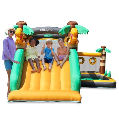 Image of AirMyFun Inflatable Dinosaur Bounce House for Kids 3-8 with Blower – Large Bouncy Castle with Slide, Indoor/Outdoor Toddler Jumping Castle for Backyard & Birthday Fun