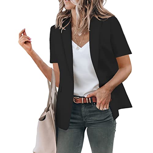 Women's Slim Fit Casual Lapel Button Short Sleeve Suit Jacket Work Coat Comfortable Lightweight3