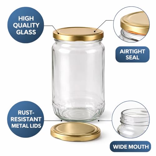 Image of Pure Source India Clear Glass Storage Jar with Airtight Metal Lid - 1L Wide Mouth Kitchen Jar (Set of 8)
