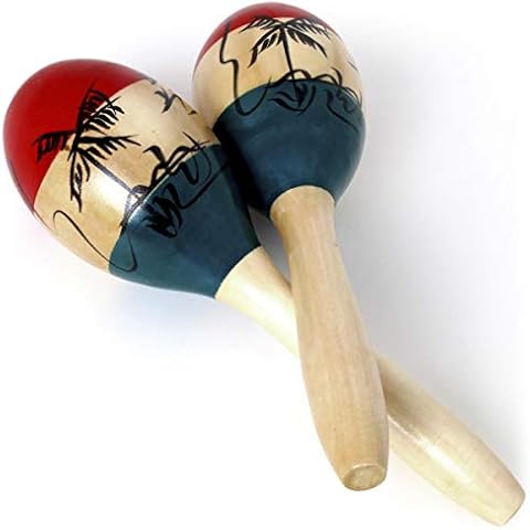 iGadgitz Xtra U7130 Pair of Adult Full Size Painted Elm Wood Maracas - Wood Colour, Green, Red and Black Motif Cover