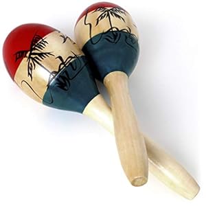 iGadgitz Xtra U7130 Pair of Adult Full Size Painted Elm Wood Maracas – Wood Colour, Green, Red and Black Motif