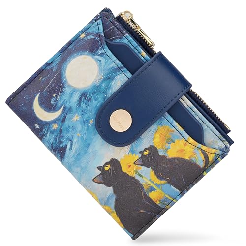 Image of Small Womens Wallet,Bifold Leather Wallet for Women RFID Card Holder Ladies Compact Pocket Wallet for Crossbody Bag (Starry Cat)