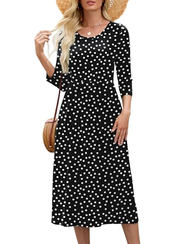 Image of Heymoments Women's Casual 3 /4 Sleeve Midi Dress Crewneck A Line Tiered Flowy Loose Travel Long Dresses with Pockets