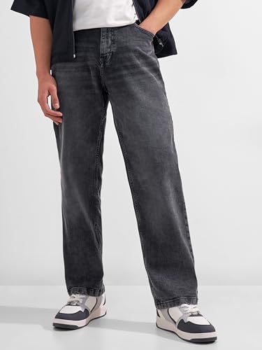 Image of Highlander Men Men's Premium Loose Straight Fit Mid-Rise Cotton Lycra Jeans - Button Closure, Machine Washable, Comfortable All-Day Wear for Casual & Semi-Formal Occasions
