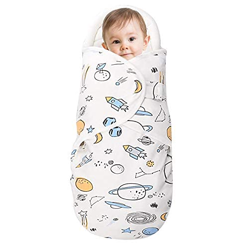 Image of Knirose Swaddle Blankets, Unisex Baby Wrap for Newborn Baby Boys Girls with Head-Protecting & Head-Supporting Function, Wearable Swaddle Sleep Sack Made of Combed Cotton (Planet, White, 3-6 Months)