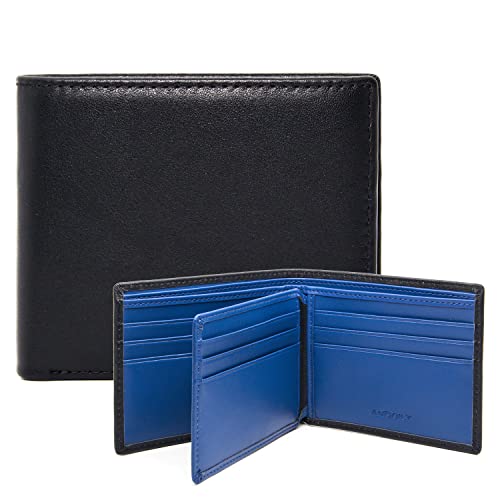 ANDOILT Slim Wallet for Men Genuine Leather RFID Blocking Bifold Ultra Strong Stitching Stylish Wallets with ID Window Black&blue