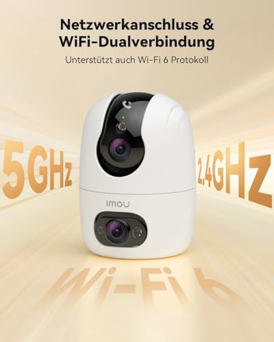 Imou Überwachungskamera Innen mit 2K Dual-Objektiv, 2.4GHz/5GHz WLAN, Personen-/Haustiererkennung, Farbnachtsicht, 360° PTZ Kamera Überwachung Innen, Auto Tracking, 2-Wege-Audio, Sirene,Privater Modus