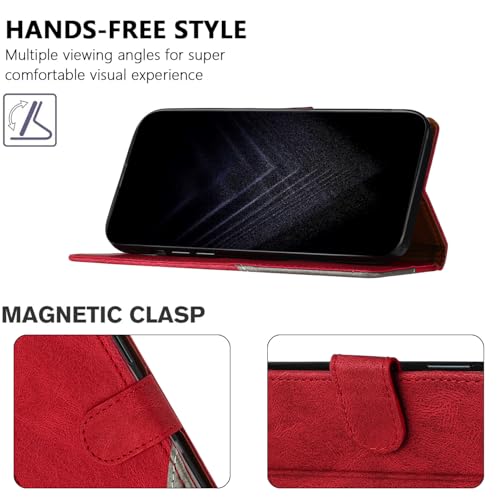 Lederen beschermhoes iPhone 16 rood met 3 kaartvakken, magneetsluiting, schokbestendig en standfunctie - Afbeelding 5