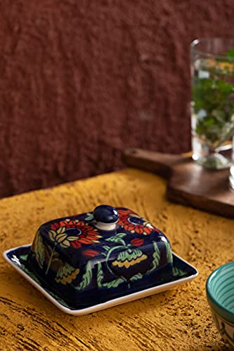 Image of HS HINDUSTANI SAUDAGAR Pushp Vatika Ceramic butterdish Handmade Container with Tray & lid Microwave & Dishwasher Safe Serve Ware for Hotel Cafe Restaurant Home Festival Ideal for Daily use & Gifting.