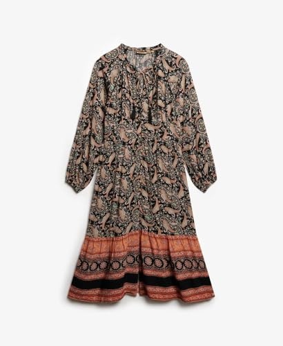 Superdry Robe midi à manches longues pour femme avec imprimé, Bordure bohème cachemire noire, 38