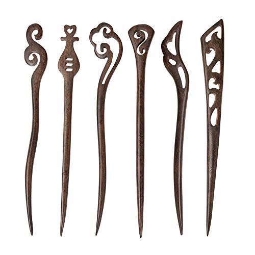 inSowni 6 Pack Handmade Ancient Chinese Japanese Sandalwood Wooden Vintage Retro Carved Hair