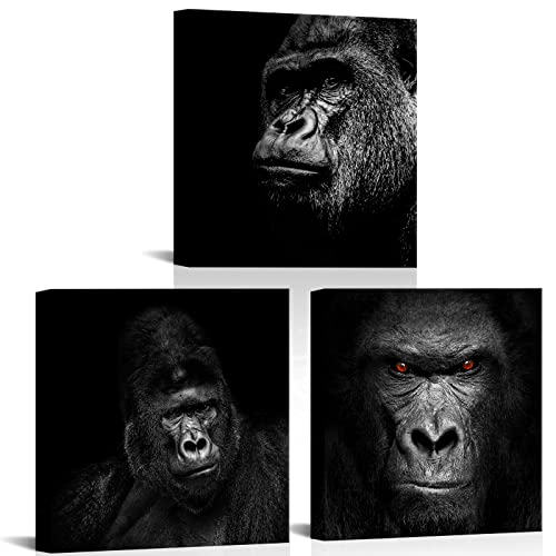 Ryounoart 3 Piece Monkey Canvas Wall Art Black Gorilla Portrait Painting Pictures Ape Chimpanzee Animal Prints Artwork For Living Room Bedroom Wall Decor Ready To Hang #TOP9