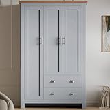 Blisswood 3 Door Wardrobe with 2 Drawers & Hanging Rail – Grey Bedroom Wardrobe with 5 Shelves, Wooden Clothes Storage Cupboard Unit, Triple Wardrobe for Bedroom Furniture