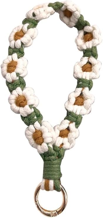 KBRPEY Llavero Macramé Hermoso Diseño de Margaritas Llavero Tejido a Mano para Mujer Colgante Portátil para Llaves de Coche motos Bicicletas (Blanco)