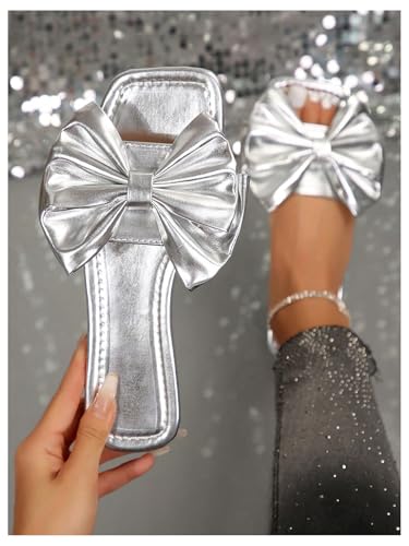 Image of GORGLITTER Women's Gold Sandals Dressy Cute Summer 2026 Bow Square Toe Trendy Beach Boho Wedding Vacation Slides Shoes