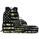 FKELYI Green Camo Backpack for Boys 8-12 American Flag Backpack with Lunchbox and Pencil Case 3 Piece Lightweight Boys School Bag Set for Elementary Primary School Travel Daypack Rucksack