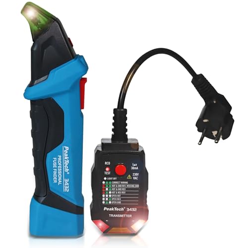 PeakTech 3432 - Rilevatore di sicurezza, dispositivo di localizzazione per circuiti elettrici, tester di tensione senza contatto con tester per presa Schuko da 230 V, tester di fase NCV
