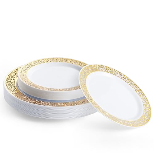 MATANA 40 Assiettes en Plastique Réutilisables Blanches Premium avec Bord Doré (20 Assiettes Plates, 20 Assiettes à Dessert) - Solide et Élégant pour Mariages,...