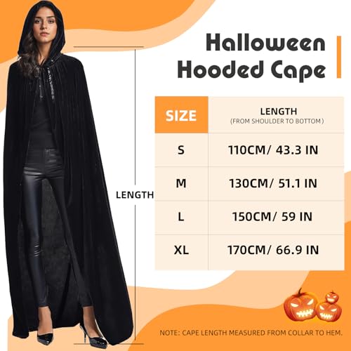 candyfouse Halloween Hooded Cloak Velvet Cape, Adult Vampire Witch Cape for Halloween Cosplay Costumes (Black, 130cm) - Thumbnail 3