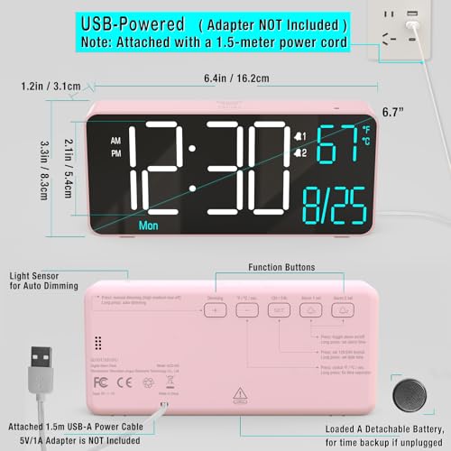 Image of KOSUMOSU Alarm Clocks for Bedrooms, 6.7in Small Digital Clock, Auto Dimming, Room Temperature, Day of The Week, Date, Seconds, Digital Clocks for Living Room, Alarm Clock