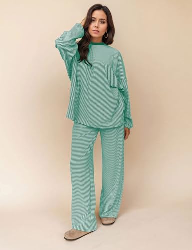 Image of MISSACTIVER Women's 2 Piece Striped Lounge Set Long Sleeve Oversized T-Shirt Wide Leg Pants Matching Pajamas Set
