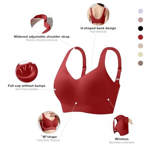 Fittingirls Women's Plus Size Wireless Bra No Underwire Seamless Full Coverage Push Up High Support Red — view 2