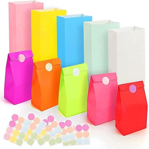 VIPITH Gift Bags, Pack of 50 Multicolor Kraft Paper Party Favor Bags with Stickers, Size 9 x 6 x 18 cm/3.54 x 2.36 x 7.09 in., For Birthday, Wedding, Christmas, Celebrations