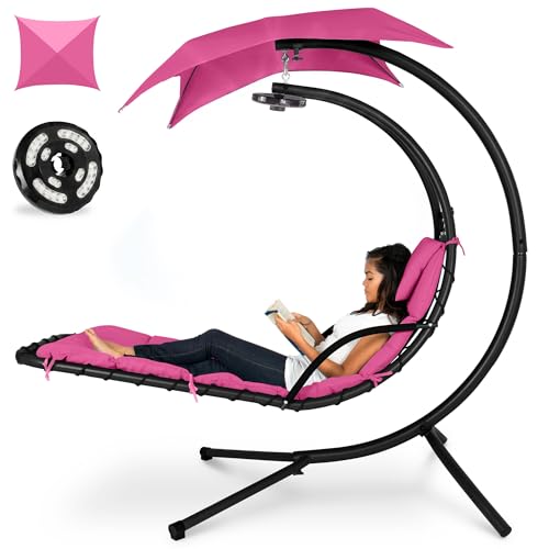 Best Choice Products Hanging LED-Lit Curved Chaise Lounge Chair Swing for Backyard, Patio, Lawn w/ 3 Light Settings, Weather-Resistant Pillow, Removable Canopy Shade, Steel Stand - Pink