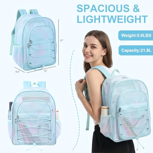 Image of COVAX Mesh Backpack for School Heavy Duty Semi-Transparent Bookbags for Beach, Swimming, Sports, Work, Travel (Light Blue)