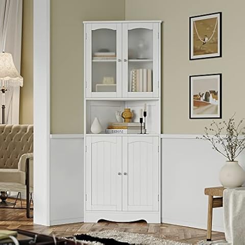 HORSTORS 63.2" Tall Bathroom Corner Cabinet, Modern Storage Cabinet with Glass Doors, Buffet Hutch Cabinet, Freestanding Pantry Cabinet for Living Room, Bathroom, Kitchen, Dining Room, White Cover