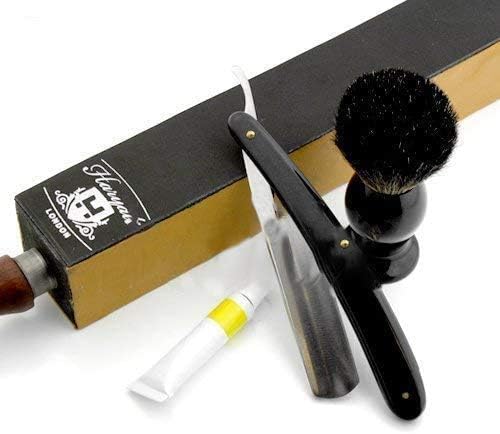 BARBER STYLE WET SHAVING SET Four Sided Wood & Leather Sharpening Strop, Straight Razor (Cut Throat), Pure Badger Brush & Leather Paste