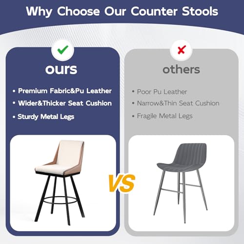 Ollega Bar Stools Set of 2, 26" Counter Height Bar Stools, Upholstered Swivel Barstools with Backs, Loop Yarn Fabric&Pu Leather, Metal Legs for Kitchen Island, Beige&Brown — view 6