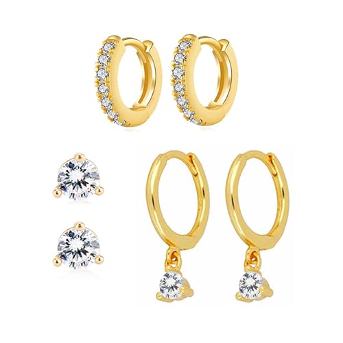 Image of Gold Earrings Set for Women, 3 Pairs 14K Gold Plated Hoop Huggie and Stud Earrings with Cubic Zirconia Hypoallergenic Sterling Silver Posts for Multiple Piercings